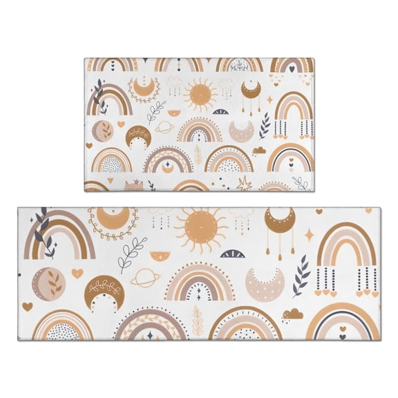 White Boho Bohemia Rainbow Sun Moon Pattern Kitchen Rugs Sets Of 2,Anti Fatigue Kitchen Mat Rugs Non Slip Washable,Decorative Kitchen Floor Mats for Kitchen,Sink,Laundry,17"x30"+17"x47"