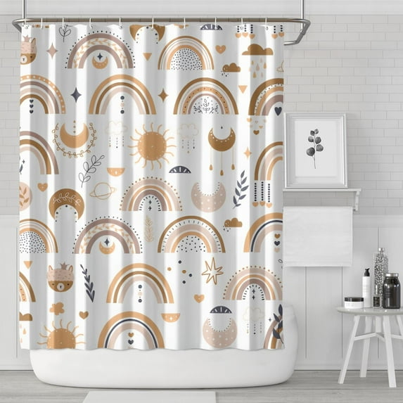 White Boho Bohemia Rainbow Sun Moon Pattern Shower Curtain 72"x84" ,Bathroom Decorative Shower Curtains Set with 12 Hooks,Modern Waterproof Washable Shower Curtain