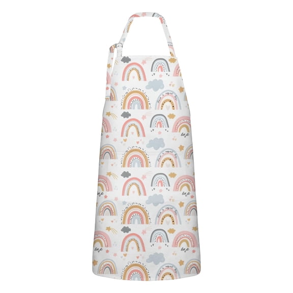 White Boho Bohemia Rainbows Clouds Stars Apron-Garden Aprons for Women with Pockets-Cotton Linen Waterproof Kitchen Cooking Gardening Aprons Adjustable for Kitchen,Cooking,BBQ and Salon 33x27 Inch