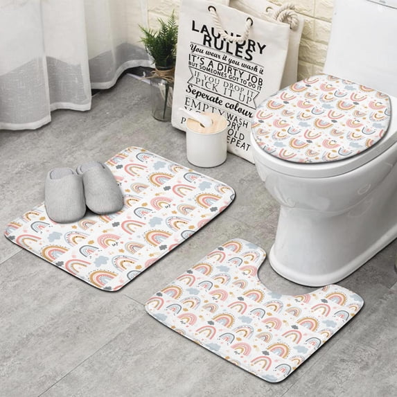 White Boho Bohemia Rainbows Clouds Stars Pattern Bathroom Rugs Sets 3 Piece,Toilet Cover Set,Absorbent Non Slip Bathroom Mats Sets with U-Shaped Contour Rug Toilet Rug Set