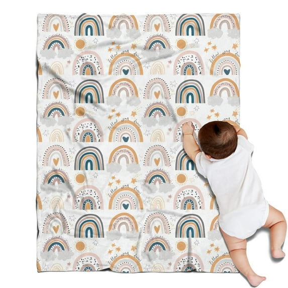 White Boho Bohemia Rainbows Suns Clouds Pattern Blanket,Comfortable Soft Flannel Throw Blanket,All Season,Warm Lightweight Blankets for Sofa Bed Couch Living Room Chair,30"x40"