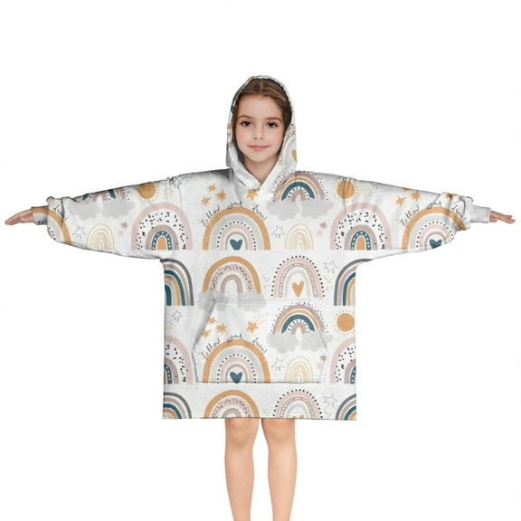 White Boho Bohemia Rainbows Suns Clouds Pattern Blanket Hoodies for Kids 6-13YR Oversize Wearable Blanket Hoodies for Boys Girls Teens