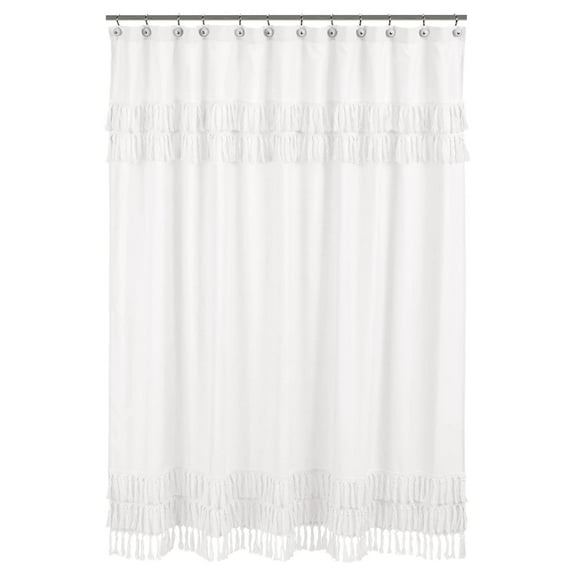 White Boho Bohemian Bathroom Fabric Bath Shower Curtain - Solid Color Shabby Chic Luxurious Luxury Vintage Designer Boutique Tassel Fringe