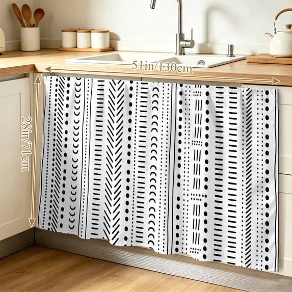 White Boho Cabinet Curtain 28"W x 51"L, Country Abstract Black Geometric Striped Dust-Proof Privacy Curtain for Closet Shelves Self Adhesive, Sink Skirt for Bathroom Vanity Kitchen Laundry Room