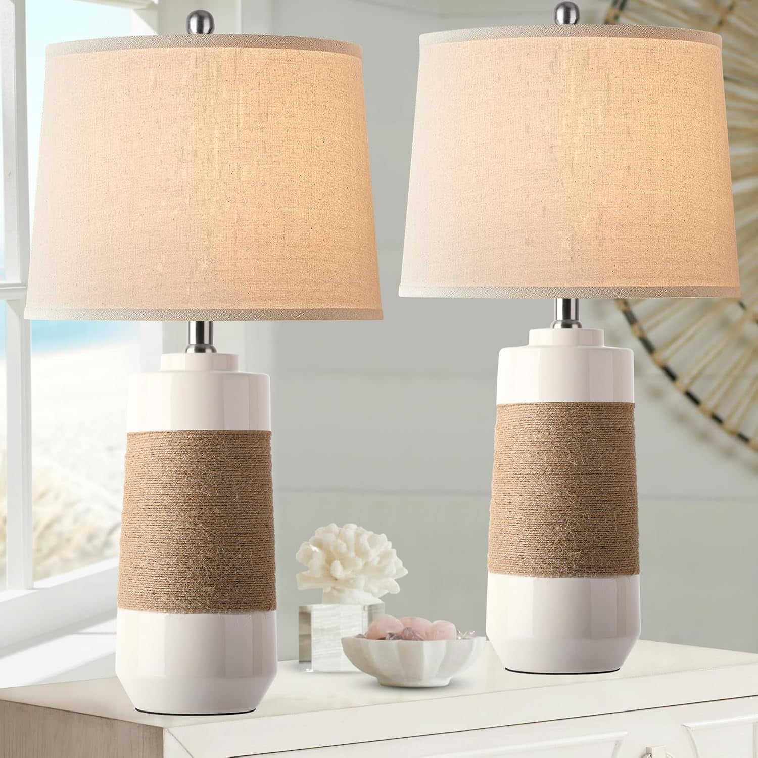 White Boho Ceramic Lamps with Rope for Living Room Set of 2 Nautical ...