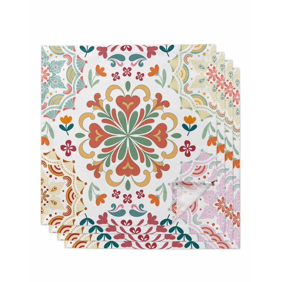 White Boho Cloth Napkins Set of 4 Reusable Dinner Napkins, Retro Ethnic Colorful Flower Aesthetic Art Cocktail Napkin Washable Table Napkins for Wedding/Holiday Party/Baby Shower 20"x20"