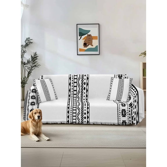 White Boho Couch Cover, Farmhouse Simple Abstract Striped Geometric Sofa Cover Blanket for Loveseat Couches,Sectional Sofa Slipcover Furniture Protector for Living Room Bedroom 71''x118''