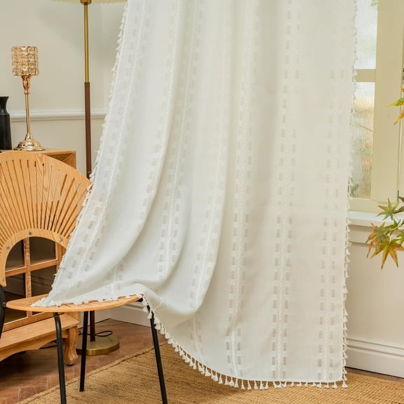 White Boho Curtains 1 Panel,Light Filtering Vintage Curtains 63 inches Long for Living Room Bedroom,Farmhouse, Bohemian Natural Tassels Country Embroidery Striped Draps Back Tab, 50" W