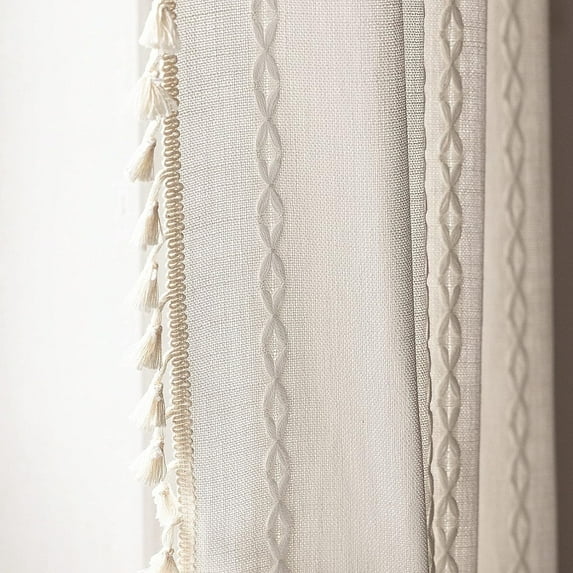 Psoiuetr White Boho Curtains for Bedroom Living Room Linen Cotton Embroidered Semi Blackout Farmhouse Window Treatment Drape Vintage Tassels Rod Pocket 1 Panel 52" W x 63" L