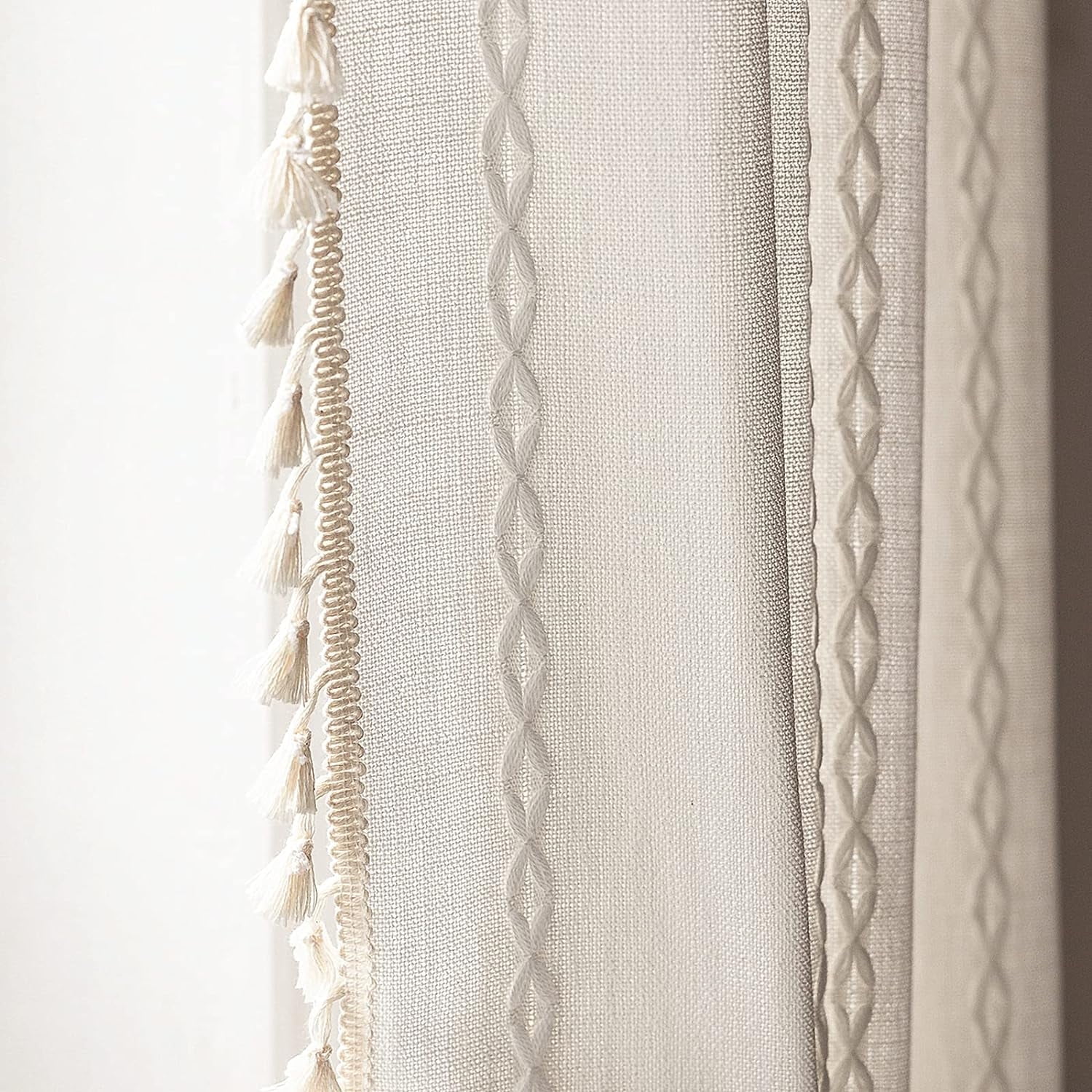 White Boho Curtains for Bedroom Living Room Linen Cotton Embroidered ...