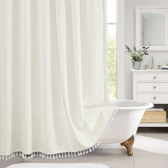 White Boho Farmhouse Fabric Shower Curtain Set, Modern Cotton Linen Cloth Shower Curtains for Vintage Rustic Bathroom Decor, Thick & Wrinkle Resistant, Cream White, 72 x 72