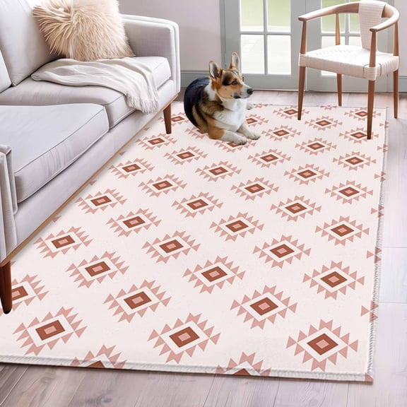 White Boho Geometric Area Rug 3x5 FT, Non Slip Entryway Bedside Carpet, Modern Simple Aztec Ethnic Pattern Washable Soft Floor Carpet Indoor Mat Non-Shedding Throw Rug for Dorm Kitchen Home Office