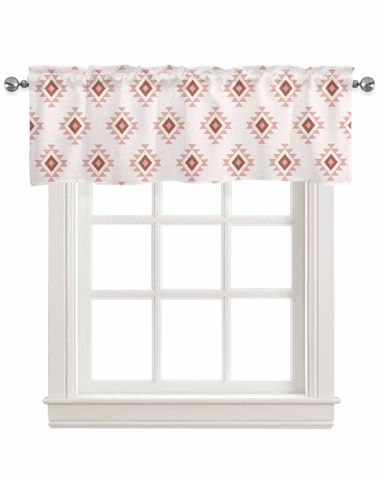 White Boho Geometric Kitchen Valances for Windows Farmhouse Linen Window Valance Curtain for Living Room Window Treatment Modern Simple Aztec Ethnic Pattern Valance Rod Pocket Topper, 42 x 18 Inch