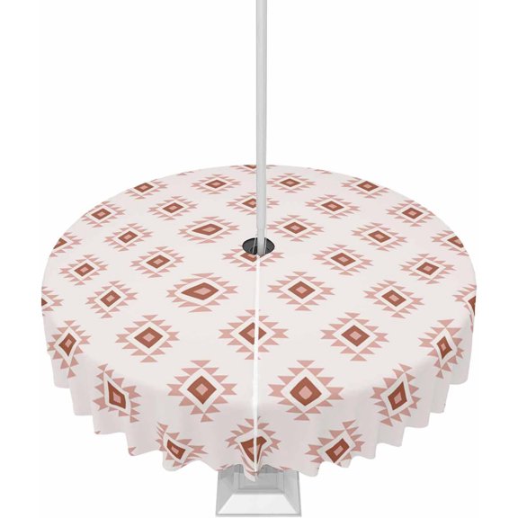 White Boho Geometric Outdoor Tablecloth with Umbrella Hole Round, Modern Simple Aztec Ethnic Pattern Waterproof Table Cloth Washable Wipeable Cover Spill Proof for Patio Spring Summer Picnic BBQ 60"