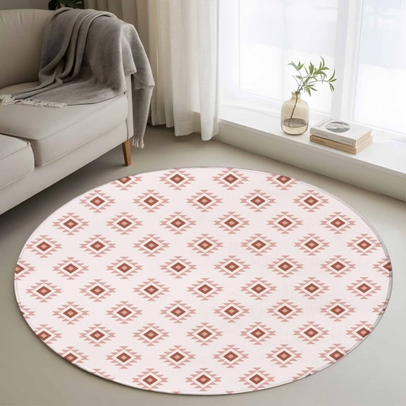 White Boho Geometric Round Area Rug 4ft, Modern Simple Aztec Ethnic Pattern Washable Non-Slip Circle Rugs for Bedroom Living Room Kitchen, Soft Non Shedding Circle Carpet for Dining Room Dorm