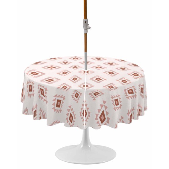 White Boho Geometric Round Outdoor Tablecloth, Waterproof Table Cloth Cover with Umbrella Hole and Zipper, Modern Simple Aztec Ethnic Pattern Table Protector for Patio Party Picnic 54" Round