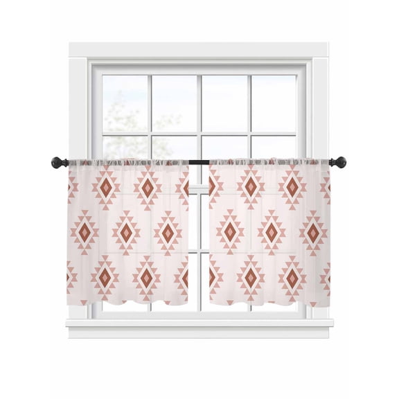 White Boho Geometric Sheer Curtains 45 Inch Length 2 Panels Set, Semi Transparent Voile Rod Pocket Curtains for Living Dining Room Bedroom Drapes Modern Simple Aztec Ethnic Pattern