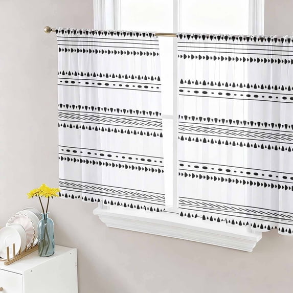 White Boho Geometric Sheer Curtains 45 Inch Length 2 Panels Set Window Treatments, Abstract Art Dots Striped Rod Pocket Semi Curtains for Living Room/Bedroom/Kitchen Décor, 104"W x 45"L
