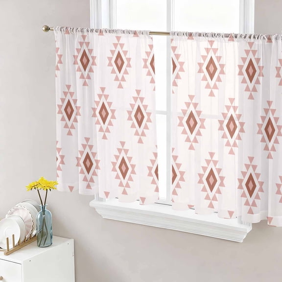 White Boho Geometric Sheer Curtains 54 Inches Length 2 Panels Set, Window Sheer Curtains for Living Room/Bedroom, Modern Simple Aztec Ethnic Pattern Light Filtering Rod Pocket Curtain 52''x54''x2