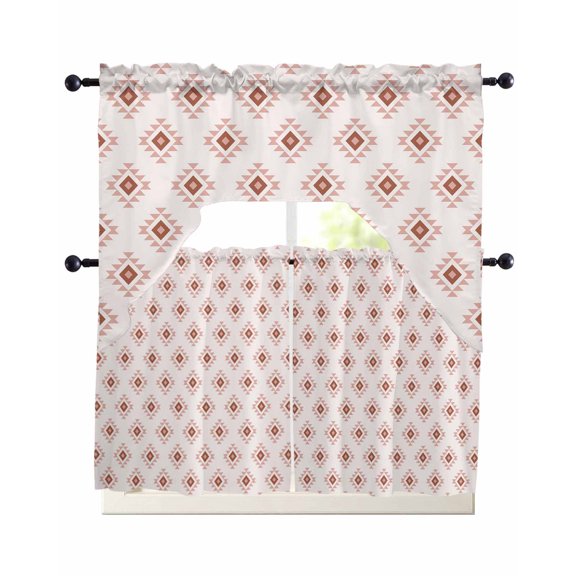 White Boho Geometric Swag Curtains for Living Room/Bedroom Windows, Modern Simple Aztec Ethnic Pattern Kitchen Curtains and Valances Set 36 Inch Length, Light Filtering Swags Valance Curtain Panels