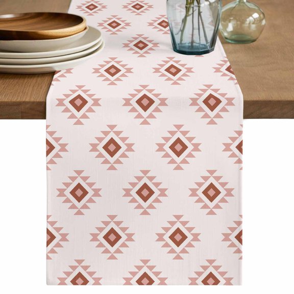 White Boho Geometric Table Runner, Modern Simple Aztec Ethnic Pattern Washable Cotton Linen Table Runners 48 Inches Long, Dresser Scarf Runner for Nightstand/Coffee/End Tables 13''x48''