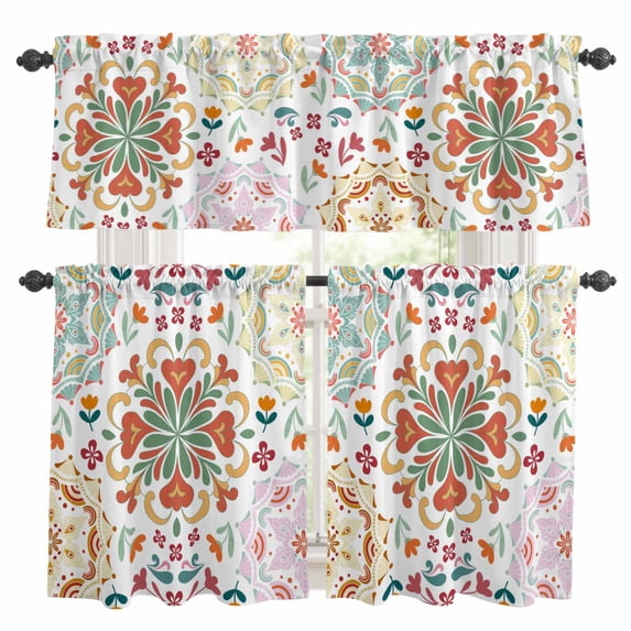 White Boho Kitchen Curtains Sets for Windows 36 Inch Length, Retro Ethnic Colorful Flower Aesthetic Art Rod Pocket Window Treatments Tier Curtains and Valances Set for Bedroom/Bathroom