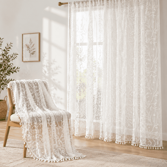 White Boho Lace Curta96 Inch -cute Vintvictorian Sheer Panel Drape Country Flpattern & Tassel Light Filtering For Bedroom Dining L