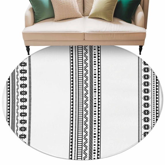 White Boho Large Area Rugs for Bedroom Living Room, Soft Non Slip Carpet Bedside Rug, Farmhouse Simple Abstract Striped Geometric Round Floor Cover Kitchen Accent Rug 5' for Dining Room/Office