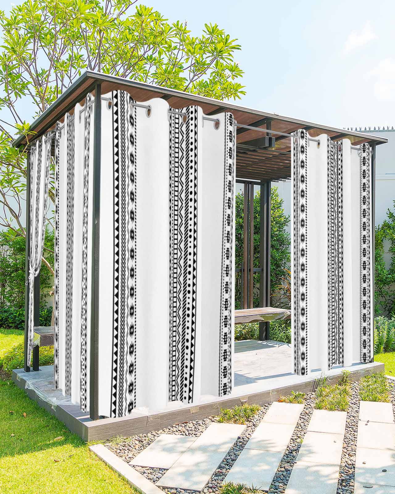 White Boho Outdoor Curtains for Patio, Farmhouse Simple Abstract Striped Geometric Privacy Drapes Grommet Waterproof Outside Curtains for Porch/Cabana/Balcony 54"x 95", 2 Panel