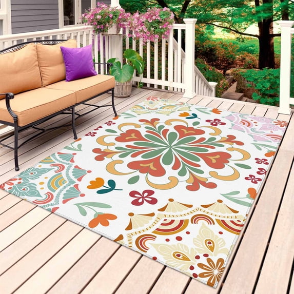 White Boho Outdoor Rug for Patio/Deck/Porch, Non-Slip Large Area Rug 6 x 9 Ft, Retro Ethnic Colorful Flower Aesthetic Art Indoor Outdoor Rugs Washable Area Rugs, Reversible Camping Rug Carpet Runner