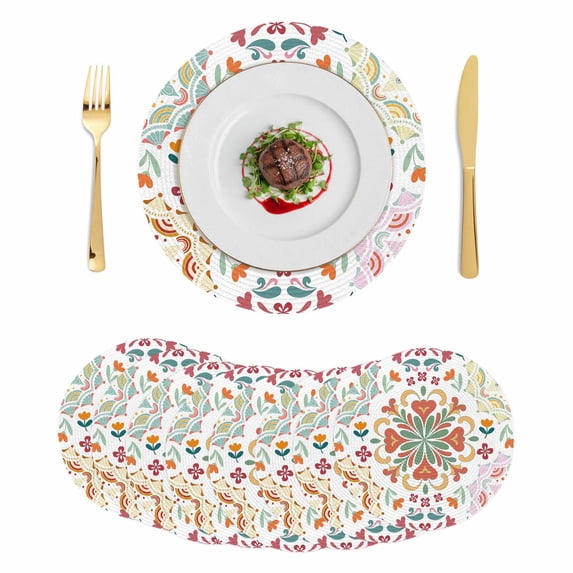White Boho Round 15 Inch Placemats Set of 8, Retro Ethnic Colorful Flower Aesthetic Art HeatResistant Non Slip Place Mats for Dining Table, Wipeable Braided Kitchen Table Mats for Housewarming