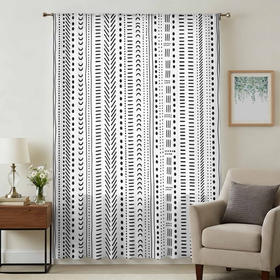 White Boho Sheer Curtains 96 Inches Long, Country Abstract Black Geometric Striped Light Filering Curtains, Privacy Drapes Simi Floor to Veiling Curtain for Living Room Bedroom Large Window Treatment