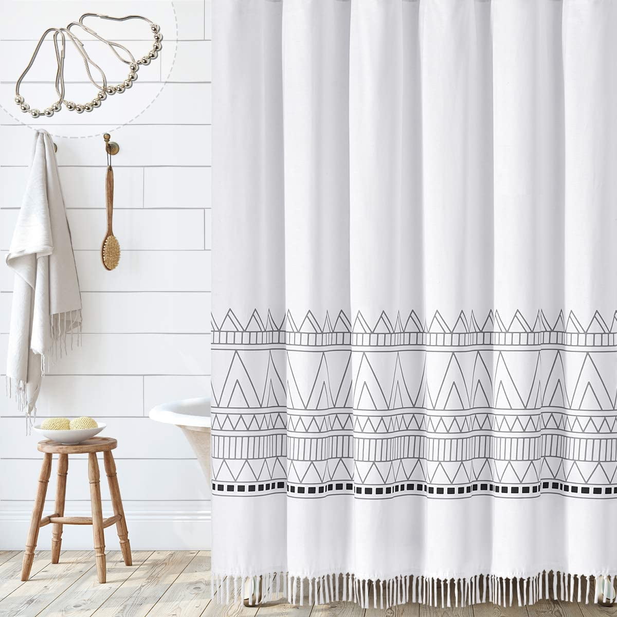 White Boho Shower Curtain - 100% Cotton Farmhouse Tribal Fabric ...