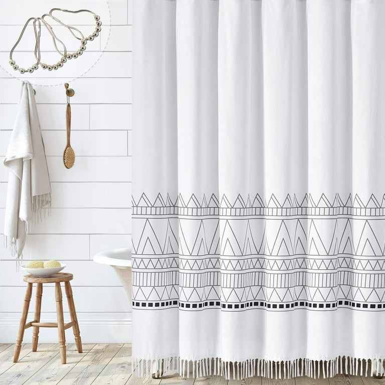 White Boho Shower Curtain - 100% Cotton Farmhouse Tribal Fabric