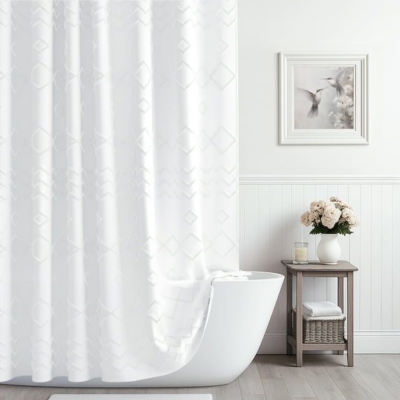 White Boho Shower Curtain Fabric Shower Curtain Textured Tufted Chevron Striped Bathroom Shower Curtains 72" x 96"