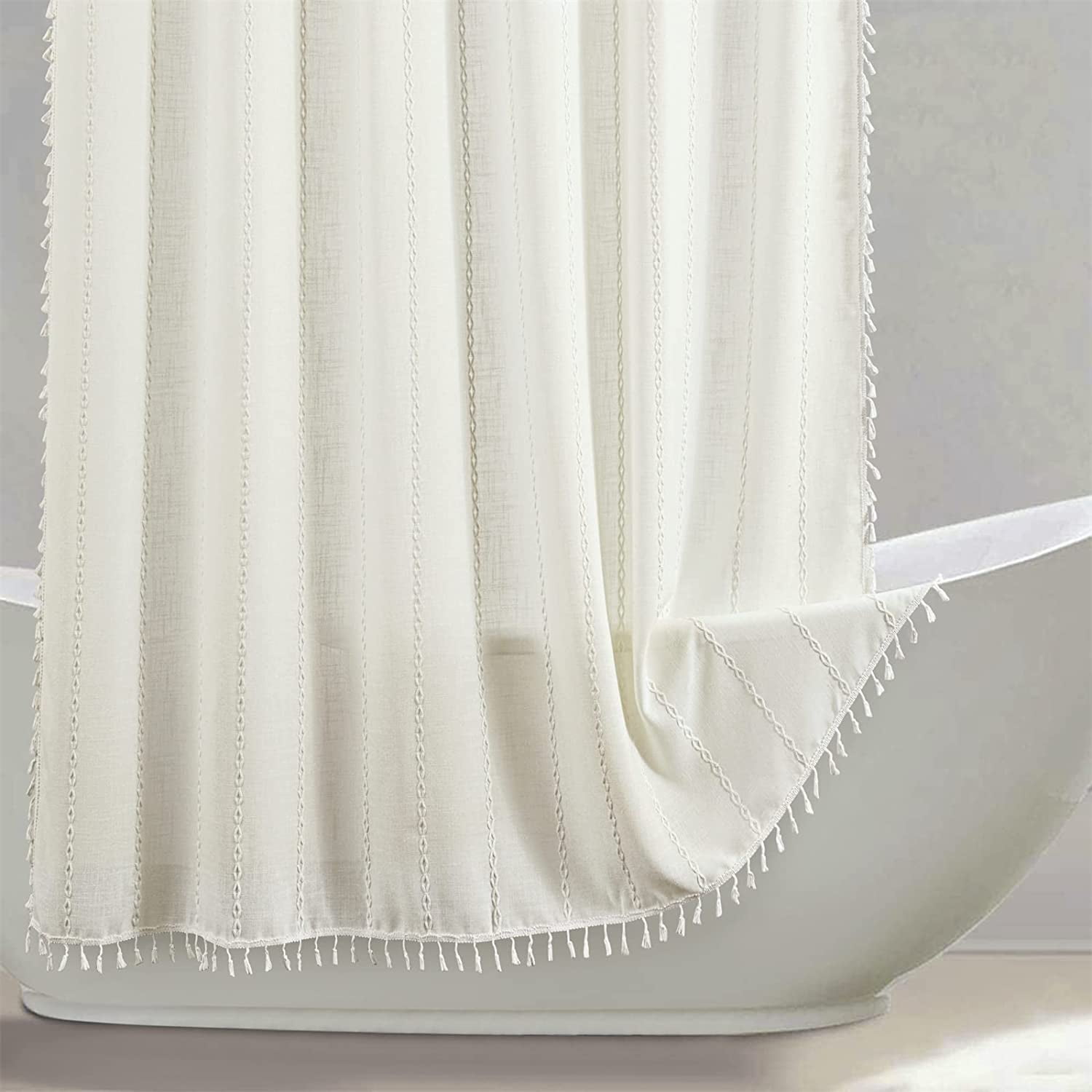 White Boho Shower Curtain Linen Shower Curtains for Bathroom 72x72 inch