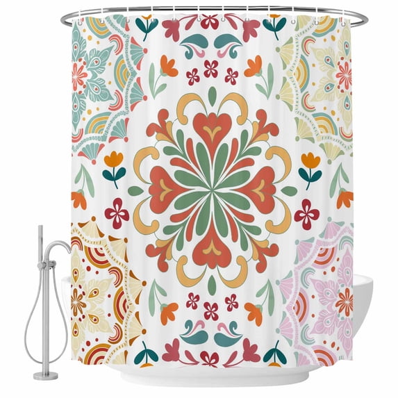White Boho Shower Curtain, Waterproof Shower Curtains for Bathroom, Retro Ethnic Colorful Flower Aesthetic Art Washable Fabric Bathtub Curtain Set Bath Decor with 12 Hooks Extra Long 72"x96"