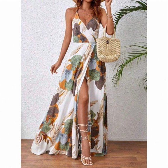 White Boho Sleeveless Halter Backless High-Slit Floral Print Wrap Maxi Dress