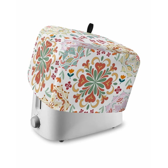 White Boho Toaster Cover 4 Slice, Large Kitchen Appliance Covers, Retro Ethnic Colorful Flower Aesthetic Art Toaster Oven Cover with Loop, Bread Machine Cover Polyester Dust Cover Protection