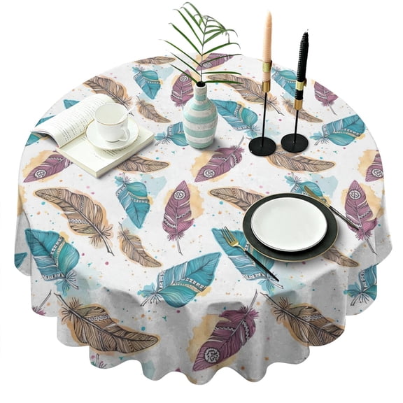 White Boho Tribal Feathers Pattern Round Tablecloth 60"x60",Wrinkle Wipeable Table Cloth for Kitchen Dining Room Picnic Patio Party