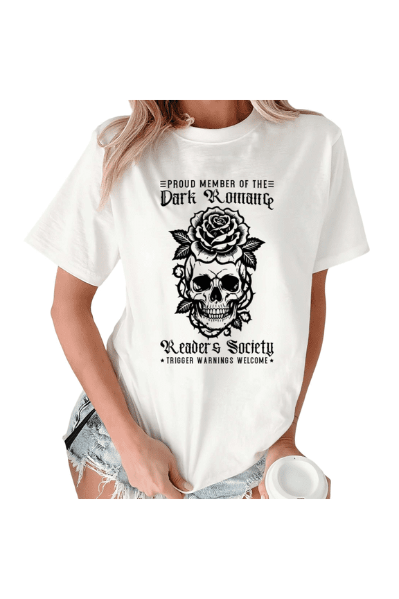 White Book Lover Skull Rose Print T-Shirt Graphic Tees Shirts Dark Romance Gift Fantasy Romance S-5XL Tops
