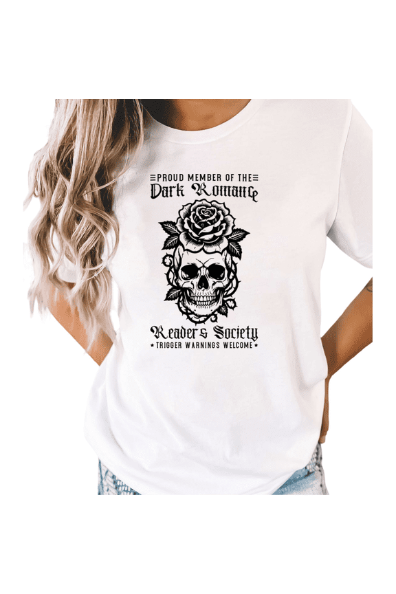 White Book Lover Skull Rose Print T-Shirt Graphic Tees Shirts Dark Romance Gift S-5XL Mystical Tops