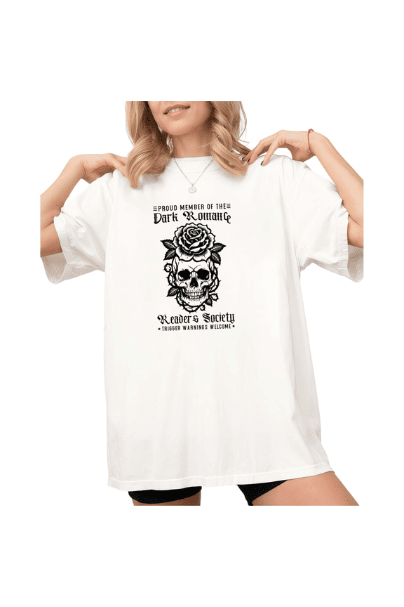 White Book Lover Skull Rose Print T-Shirt Graphic Tees Shirts Dark Romance Gift S-5XL Tops