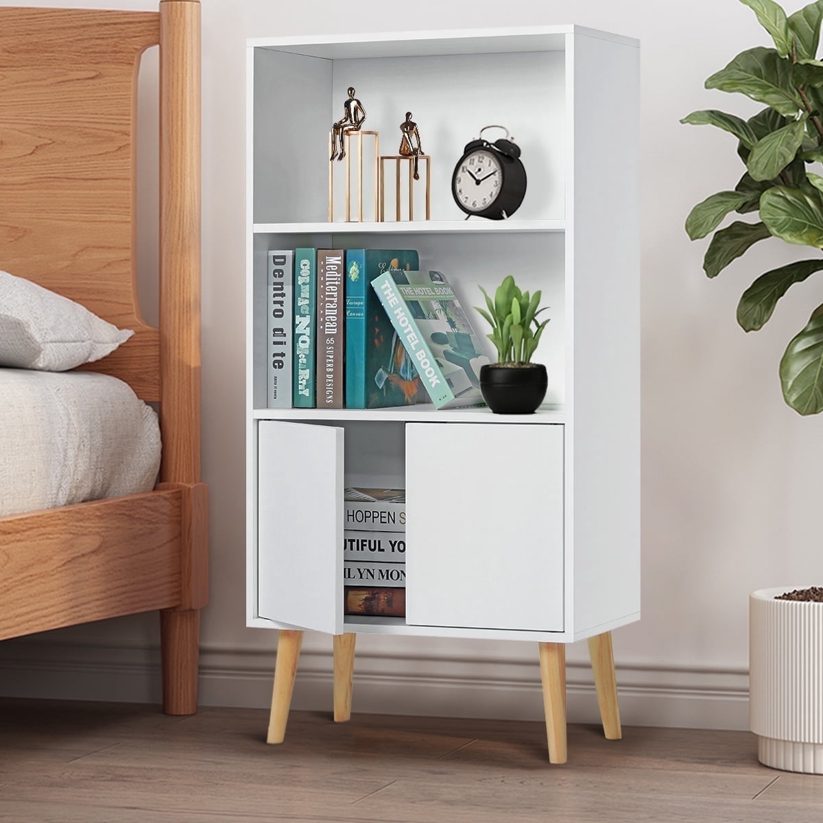 White Bookcase Bookshelf, Floor Standing Display Cabinet Rack with Legs ...