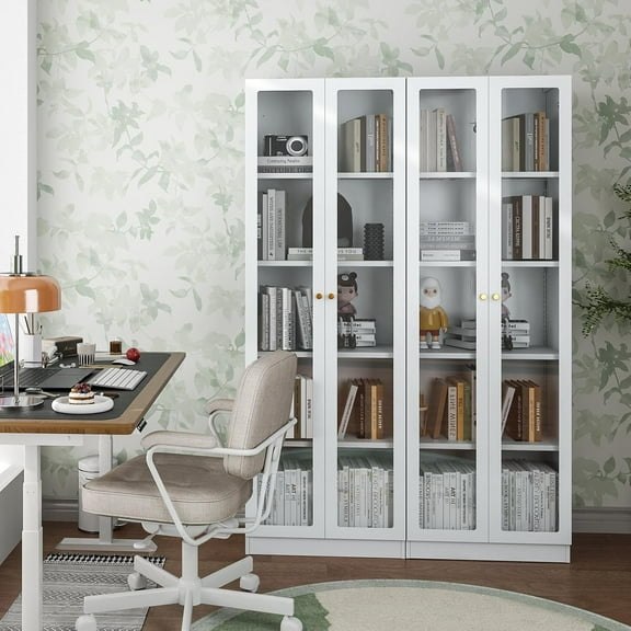 White Bookcase with Doors, 5 Tier Bookshelf, Tall Bookshelf with Storage, Modern Display Cases for Collectibles, 70.87" Display Cabinet with Doors Curio Cabinet for Home Office Library