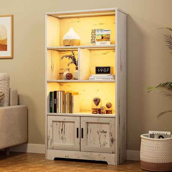 White Bookcase with Doors, Tall Wooden Bookshelf with LED Lights, Modern Farmhouse Display Storage Shelves, Large Bookcases for Bedroom, Living Room, Office