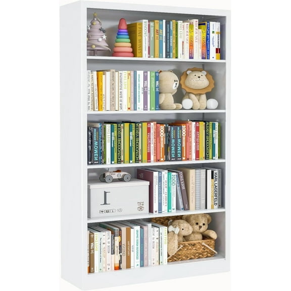 White Bookshelf, 55” Adjustable Tall Metal Bookshelf, 5-Tier Wide Bookshelf with Anti-Tilt Device, Modern Book Cases and Book Shelves for Bedroom, Living Room, Playroom, Study