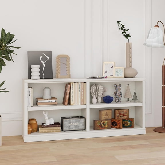 White Bookshelf Double Wide 64" 2-Tier Bookcase, 4 Cube Storage Organizer, Wooden Bookcases for Bedroom & Home Office Decor Display