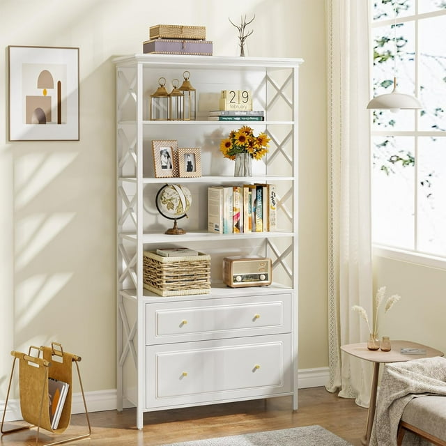 White Bookshelf with 2 Drawers Tall Narrow Bookshelf Industrial 5 Tier