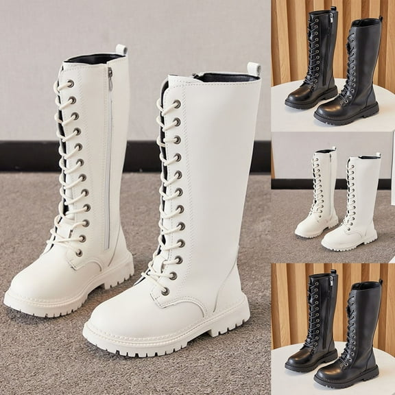 White Boots Girls with Lace Girls Lace Up Riding Boots Fall Kids Mid Calf Combat Shoes PU Leather Side Zipper Cowboy Punk Cute Goth Boot 4-12 Years